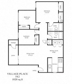 Floor plan for 3 beds, 2 baths, 1020 sqft